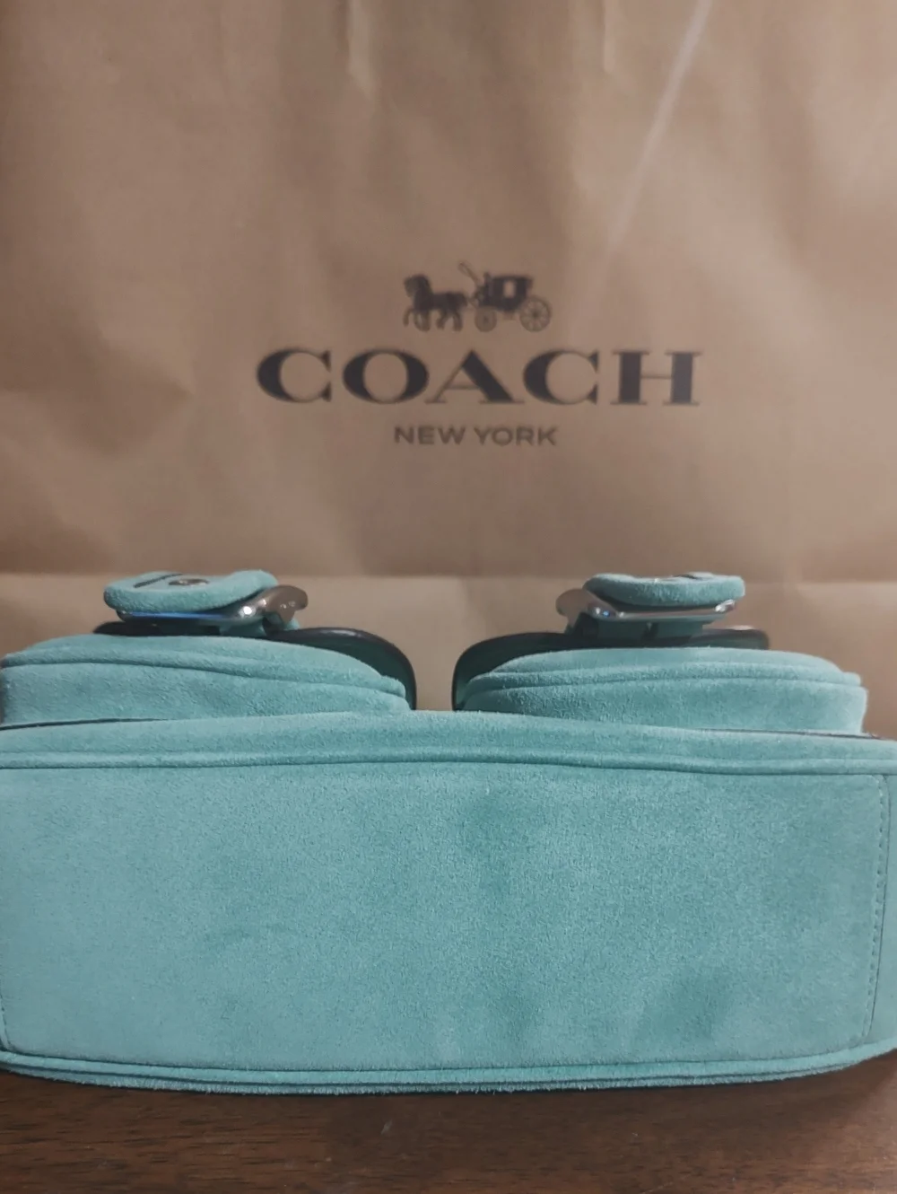 COACH Ashton Mint Green Suede Shoulder Bag with Front Buckle Pockets